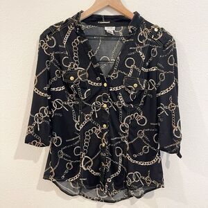 Cache Blouse Women Sz Med Black Retro Chain Print Roll Tab Sleeve Office Stretch